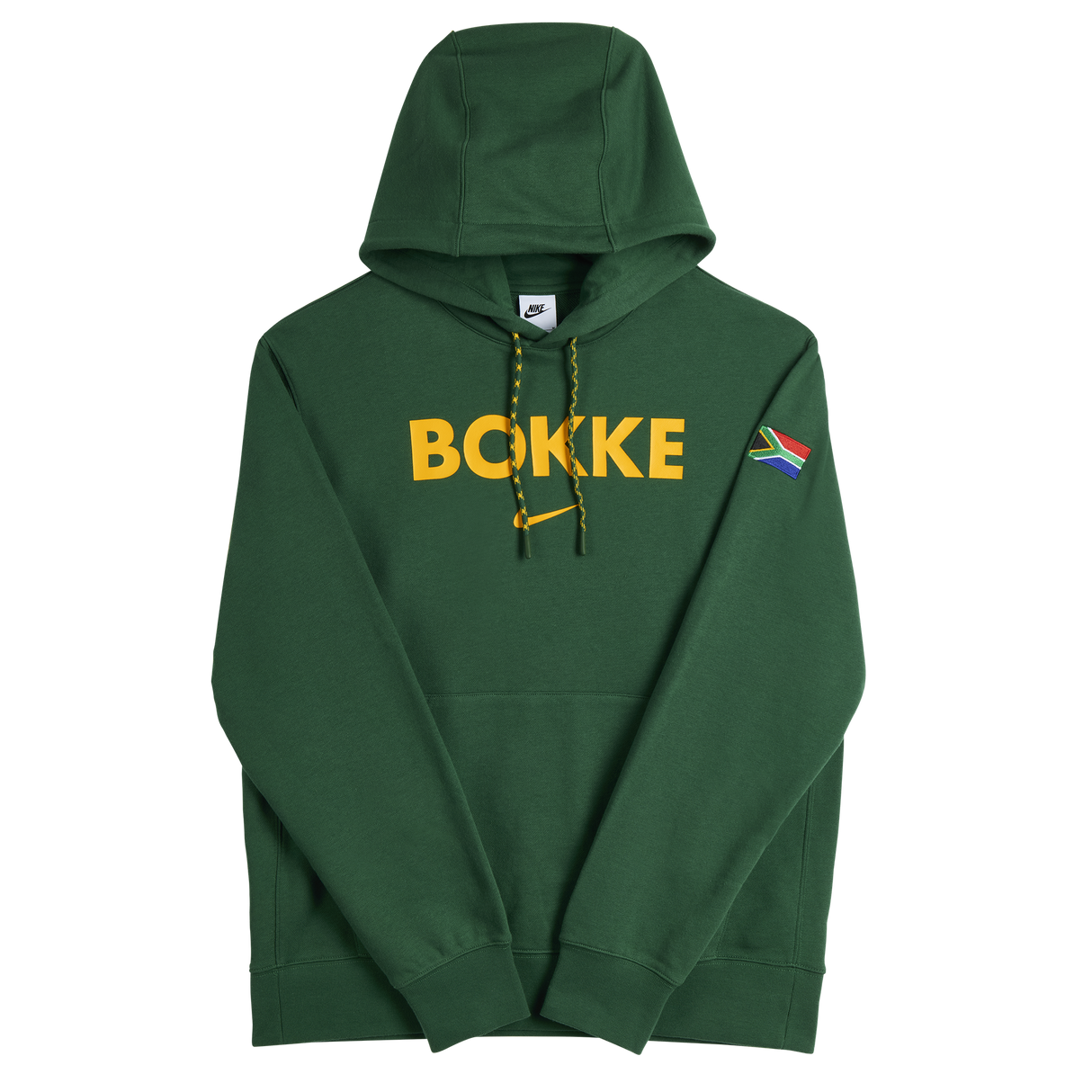 The Nike Springboks Bokke Pullover Hoodie features a green design, bold yellow "BOKKE" on the chest, a South African flag patch on the left sleeve, and classic Springboks style.