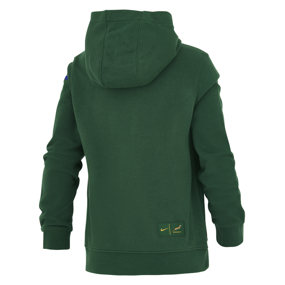 The Nike Youth Springboks Bokke Pullover Hoodie is dark green, shown from the back with long sleeves and two small Bokke logo patches near the left bottom hem.