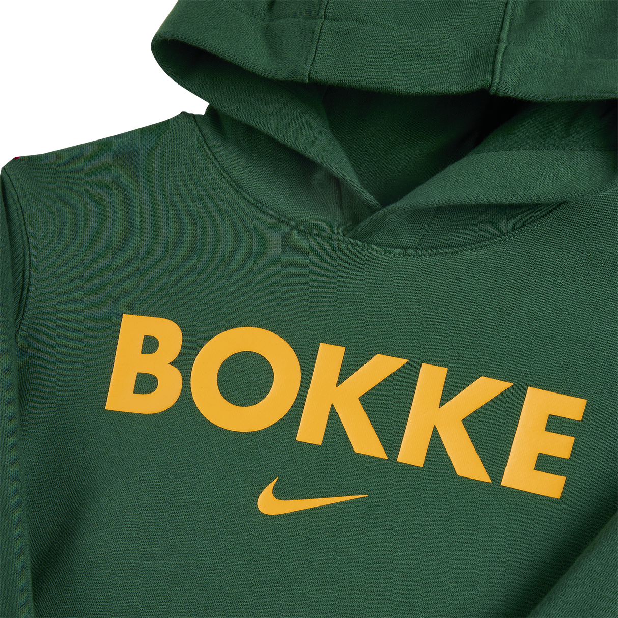 The Nike Youth Springboks Bokke Pullover Hoodie features a green design with bold yellow "BOKKE" lettering and a yellow Nike swoosh logo below.