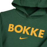The Nike Youth Springboks Bokke Pullover Hoodie features a green design with bold yellow "BOKKE" lettering and a yellow Nike swoosh logo below.