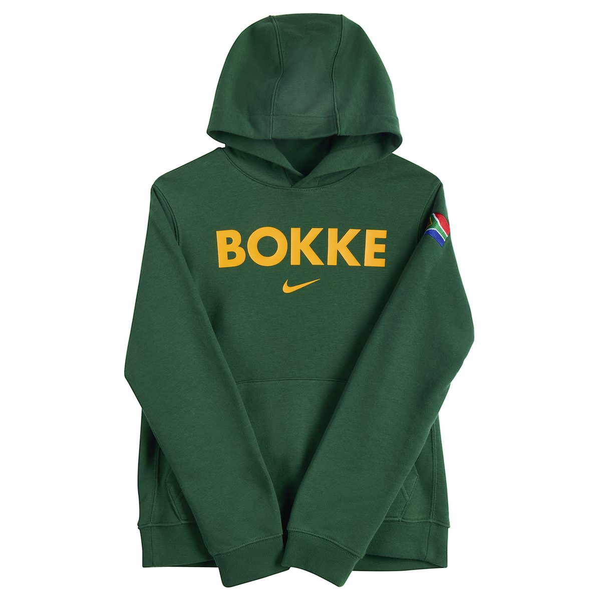 The Nike Youth Springboks Bokke Pullover Hoodie features "BOKKE" in yellow on the chest, a yellow Nike logo underneath, and a small South African flag on the left sleeve.