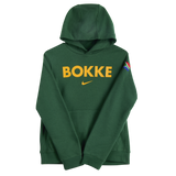 The Nike Youth Springboks Bokke Pullover Hoodie features "BOKKE" in yellow on the chest, a yellow Nike logo underneath, and a small South African flag on the left sleeve.