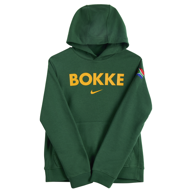 The Nike Youth Springboks Bokke Pullover Hoodie features "BOKKE" in yellow on the chest, a yellow Nike logo underneath, and a small South African flag on the left sleeve.