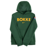 The Nike Youth Springboks Bokke Pullover Hoodie features "BOKKE" in yellow on the chest, a yellow Nike logo underneath, and a small South African flag on the left sleeve.