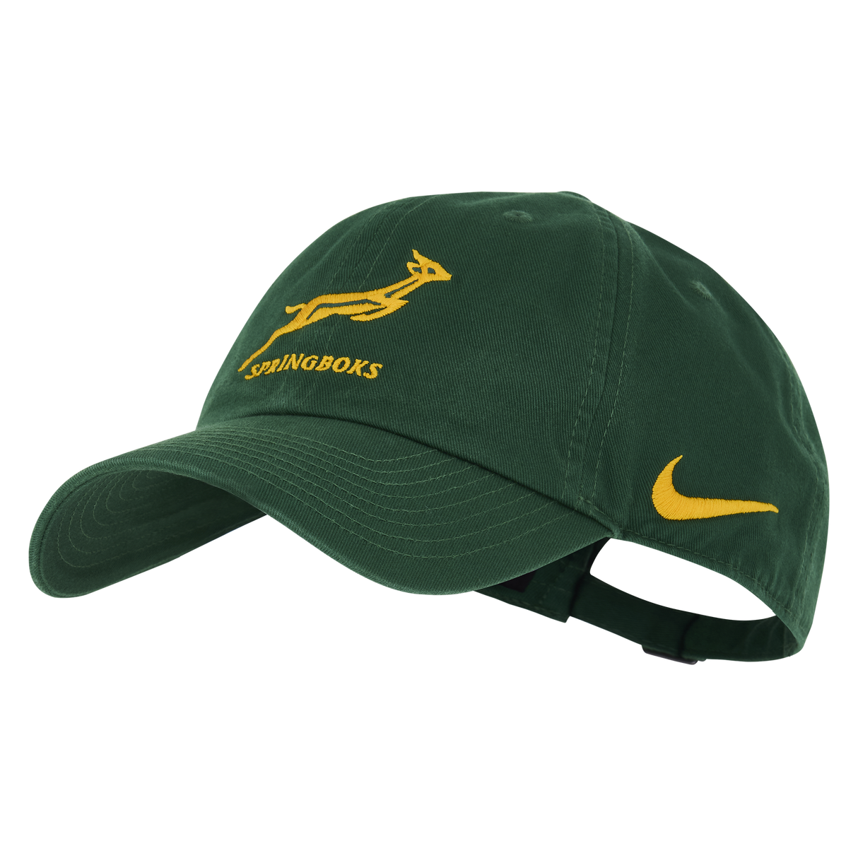The Springboks Heritage 86 Cap by Nike is green with a yellow Springboks logo and text on the front, plus a yellow Nike swoosh on the side.