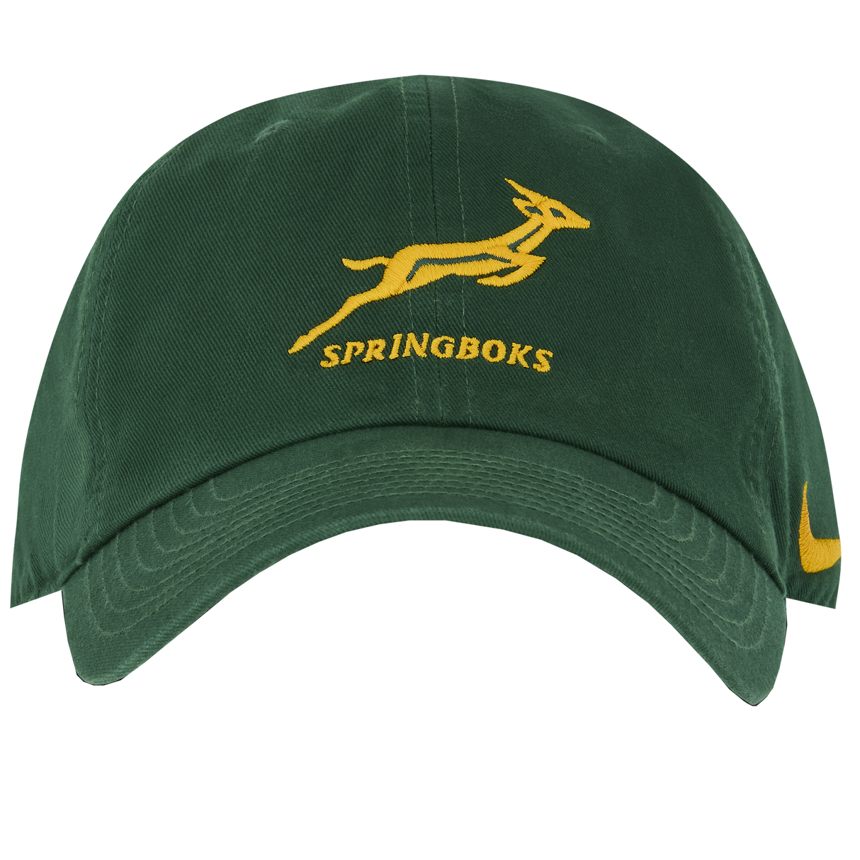 Show your support with the Springboks Heritage 86 Cap by Nike, a green cap featuring a yellow leaping springbok, "SPRINGBOKS" on the front, and the iconic yellow Nike logo on the side.
