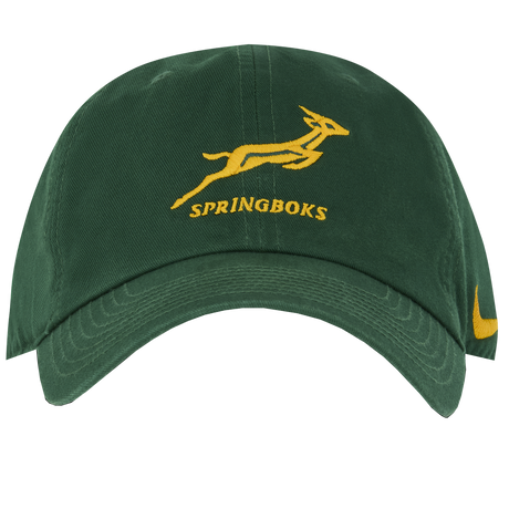Show your support with the Springboks Heritage 86 Cap by Nike, a green cap featuring a yellow leaping springbok, "SPRINGBOKS" on the front, and the iconic yellow Nike logo on the side.