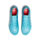 The IDA Sports Ida Women's Helia Pro SG - Blue soccer cleats feature red insoles and are photographed from above on a white background—engineered for lightweight performance on wet and muddy fields.
