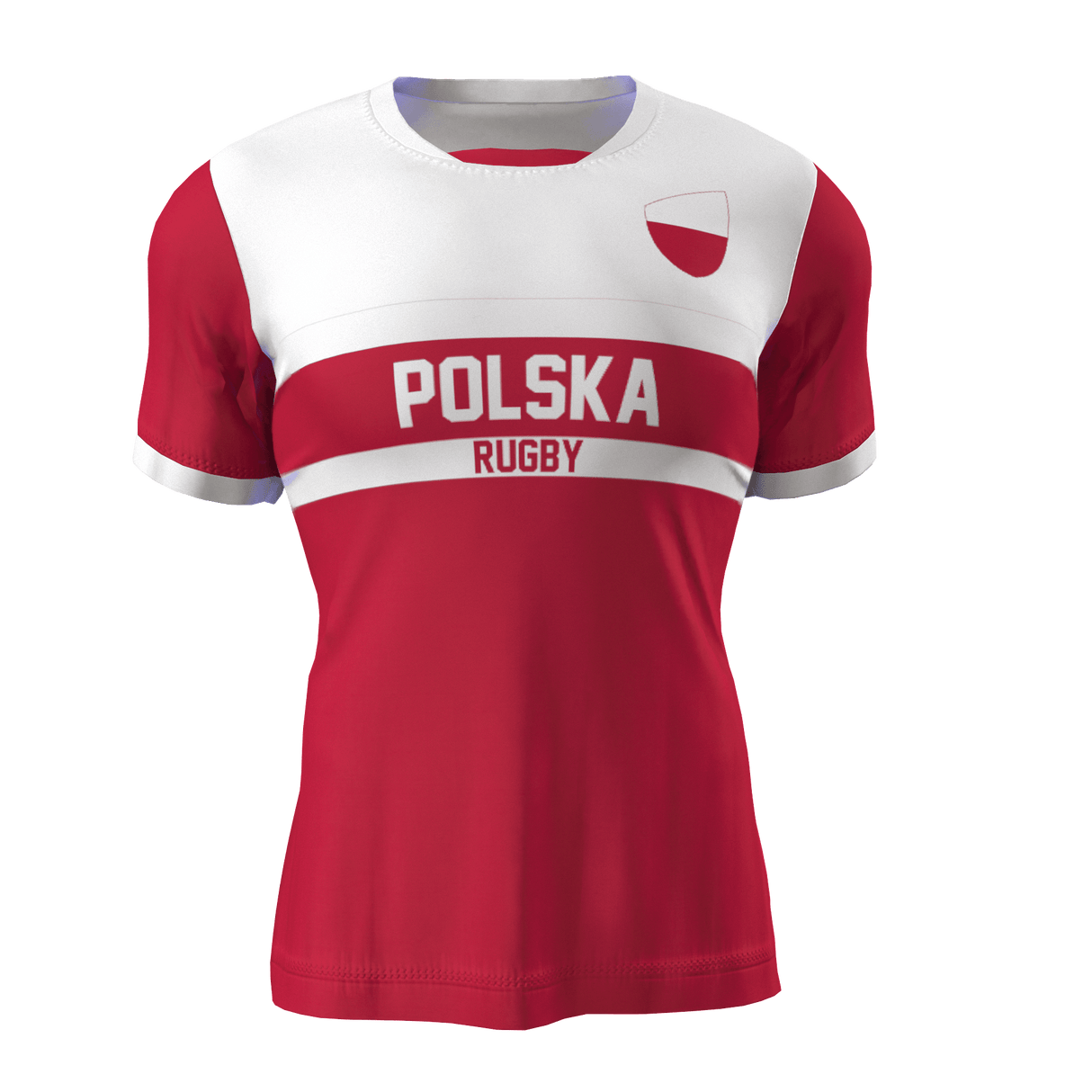 An Admiral Nations of Rugby Polska Supporters Jersey in red and white, featuring "Polska" and "Rugby" printed on the front. The design includes a horizontal white stripe and a small emblem on the upper right chest, making it a proud addition to the Nations of Rugby collection.