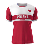 An Admiral Nations of Rugby Polska Supporters Jersey in red and white, featuring "Polska" and "Rugby" printed on the front. The design includes a horizontal white stripe and a small emblem on the upper right chest, making it a proud addition to the Nations of Rugby collection.