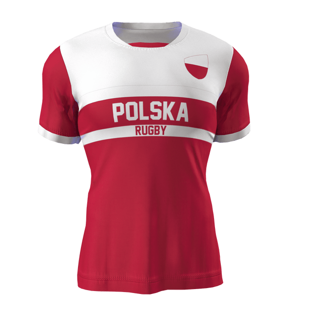 An Admiral Nations of Rugby Polska Supporters Jersey in red and white, featuring "Polska" and "Rugby" printed on the front. The design includes a horizontal white stripe and a small emblem on the upper right chest, making it a proud addition to the Nations of Rugby collection.