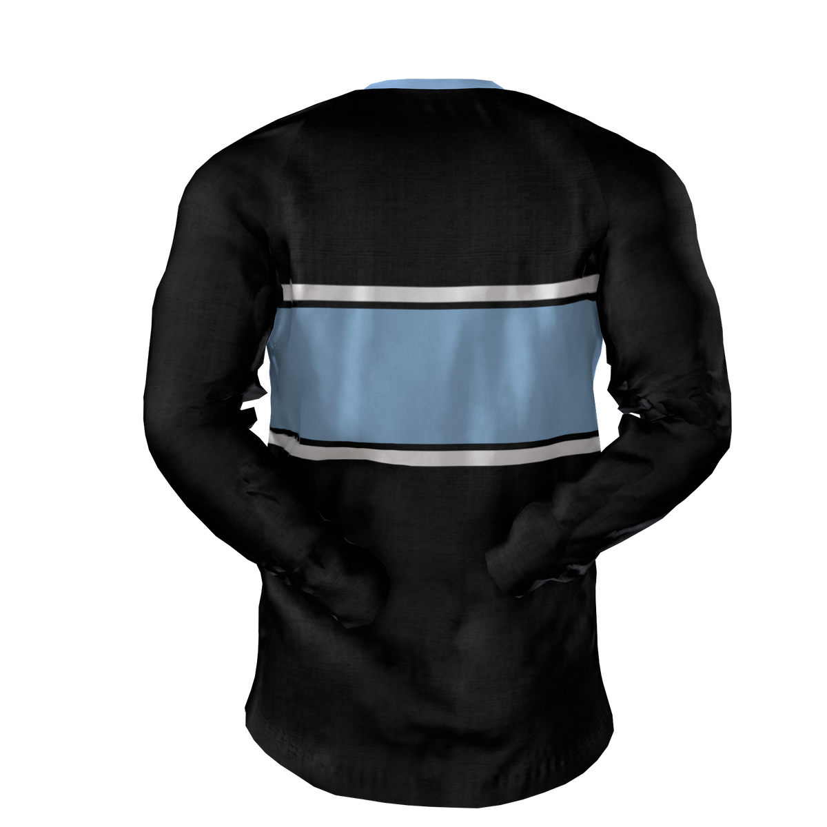 The Columbia Business Gilbert LS Training Tee by Custom GIL AXI features long sleeves, a black base, a wide light blue horizontal stripe, and two thin white stripes across the back.