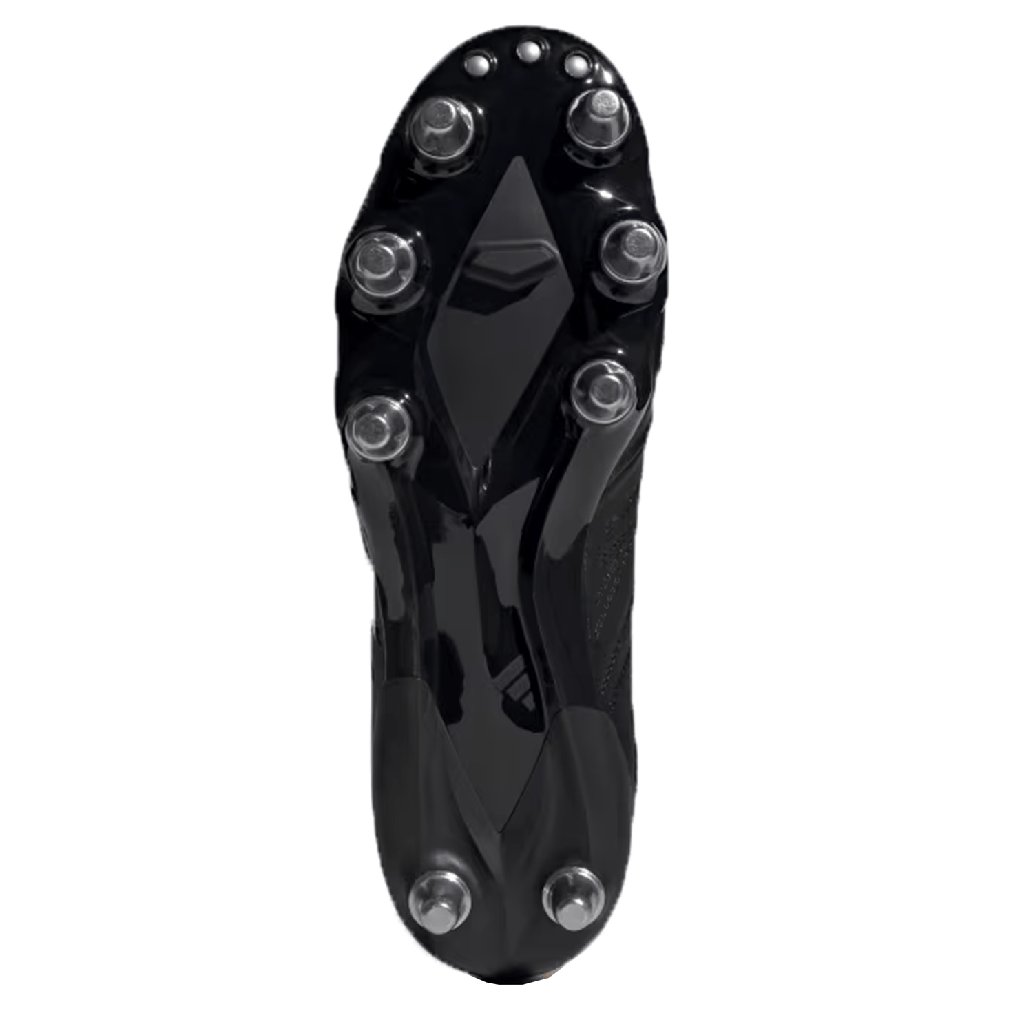 Close-up view of the adidas Kakari Elite SG's sole in Core Black, showcasing a soft ground cleat design with six metal studs.