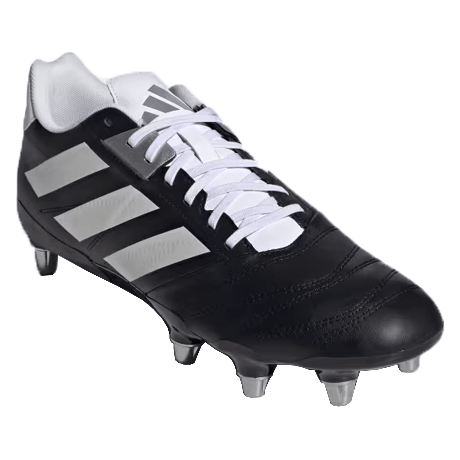 The adidas Kakari Elite SG in Core Black/Zero Metallic/Silver Metallic is a rugby shoe featuring metal studs and laces, engineered for optimal traction on soft ground.