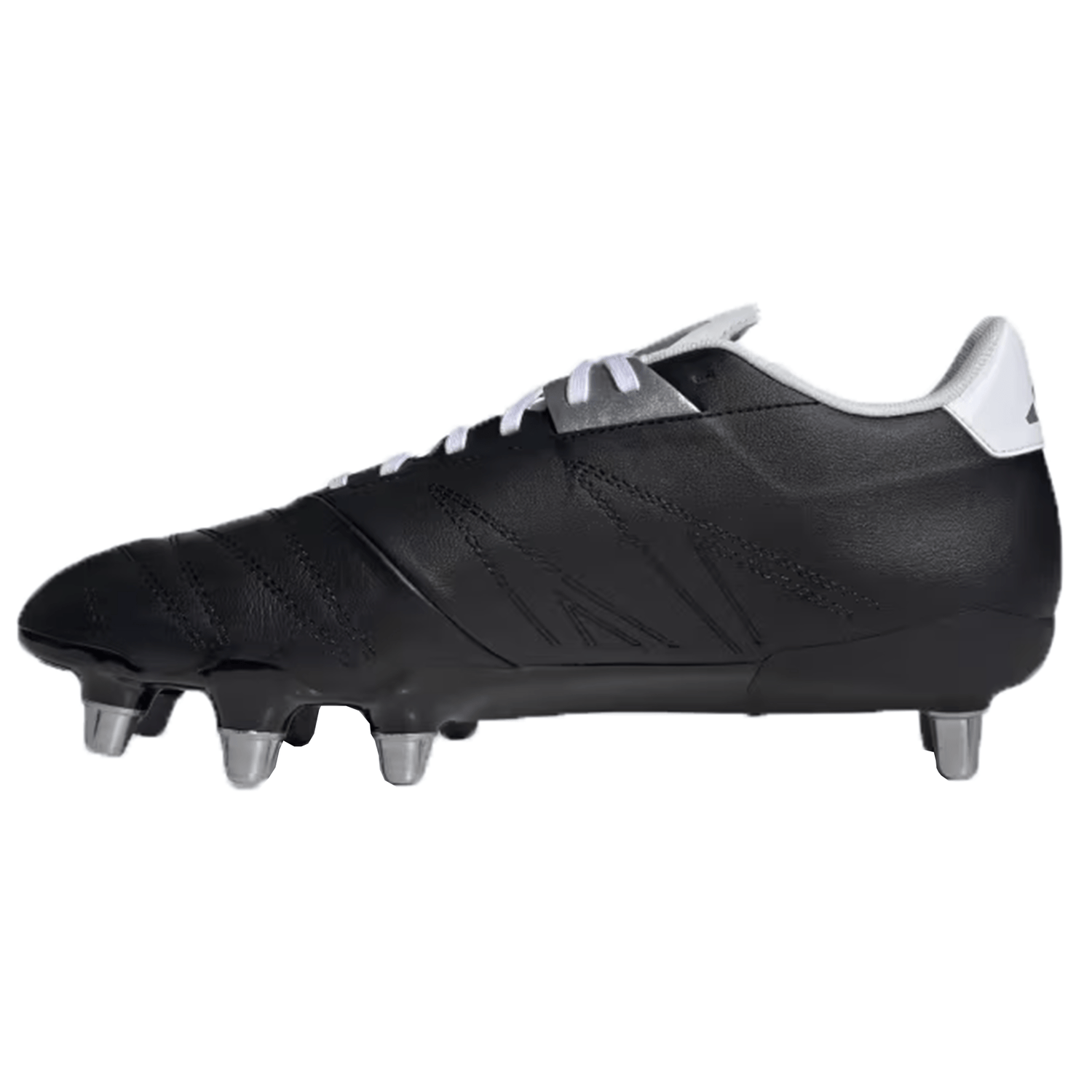 The adidas Kakari Elite SG is a stylish black and silver rugby shoe designed for soft ground play, featuring metal studs on the sole and viewed from the side.