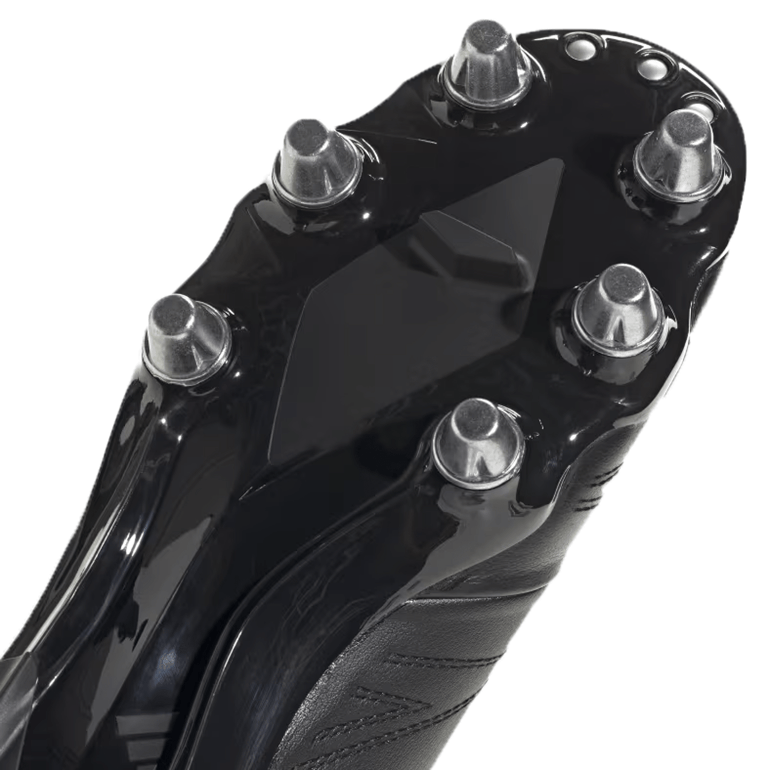Close-up of the sole of an adidas Kakari Elite SG rugby shoe in Core Black/Zero Metallic/Silver Metallic, showcasing six metallic studs designed for superior traction on soft ground.