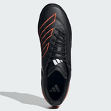 Top view of the adidas RS15 Elite SG 24 gym shoe in Core Black with Solar Red stripes and laces, set against a light gray background.