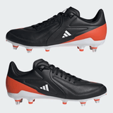 A side view of the adidas RS15 Elite SG 24 cleats in Core Black, Core Black, and Solar Red is displayed. These leather boots feature metal studs on the soles and a branded logo on the side, making them ideal for soft ground rugby.