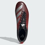 Top view of the adidas Adizero RS15 Ultimate SG 24 in Core Black, Silver Metallic, and Solar Red with black laces, crafted from recycled materials, on a light gray background.