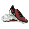 A pair of adidas Adizero RS15 Ultimate SG 24 soccer cleats in Core Black, Silver Metallic, and Solar Red, featuring white soles and metal studs, made from recycled materials. One shoe is upright while the other lies on its side.