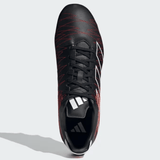 Top view of the adidas Kakari Elite SG 24 in Core Black/Core Black/Better Scarlet, showcasing its lace-up design and the iconic Adidas logo on both the tongue and heel. This lightweight rugby boot is perfect for Soft Ground Rugby Cleat needs.