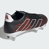 The adidas Kakari Elite SG 24, in Core Black/Core Black/Better Scarlet, features a striking white logo and black laces. With its metal studs for firm ground and lightweight design, it closely resembles high-quality rugby boots.