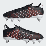 A pair of adidas Kakari Elite SG 24 football cleats in Core Black/Core Black/Better Scarlet, featuring red and white geometric designs and metal studs, viewed from the side.