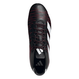 Aerial view of the adidas Kakari SG cleat in Core Black, featuring white stripes, Better Scarlet zigzag patterns, and crafted from recycled materials on a gray background.