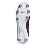 A bottom view of the adidas Kakari SG rugby boots, featuring a white sole with metal studs and an intricate black and red design on the upper part, crafted from recycled materials.