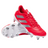 The adidas Kakari SG rugby boots in Lucid Red/Silver Metallic are shown on a white background: one boot is upright, the other lies on its side, highlighting their eight-stud metal soleplate designed for optimal traction.