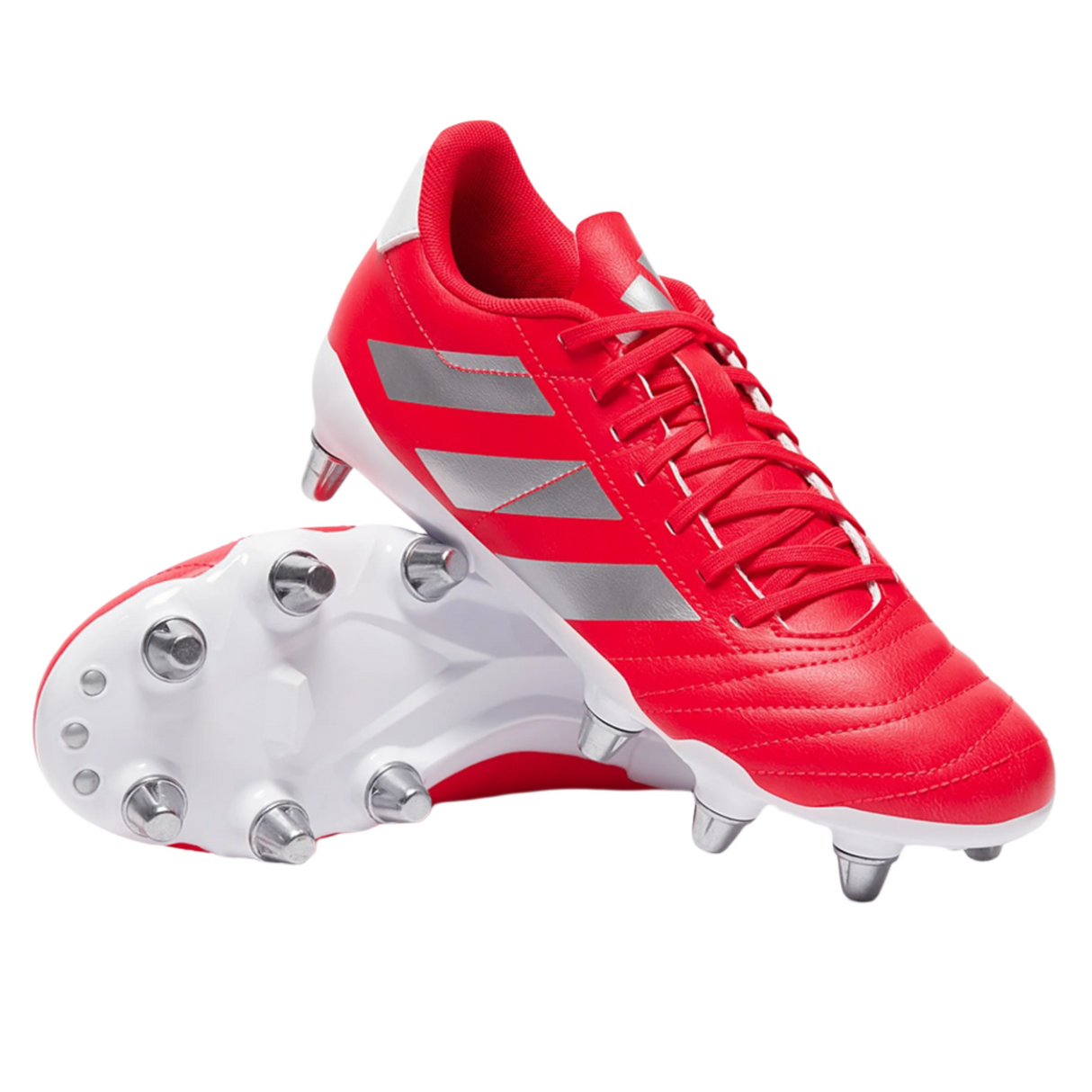 The adidas Kakari SG rugby boots in Lucid Red/Silver Metallic are shown on a white background: one boot is upright, the other lies on its side, highlighting their eight-stud metal soleplate designed for optimal traction.