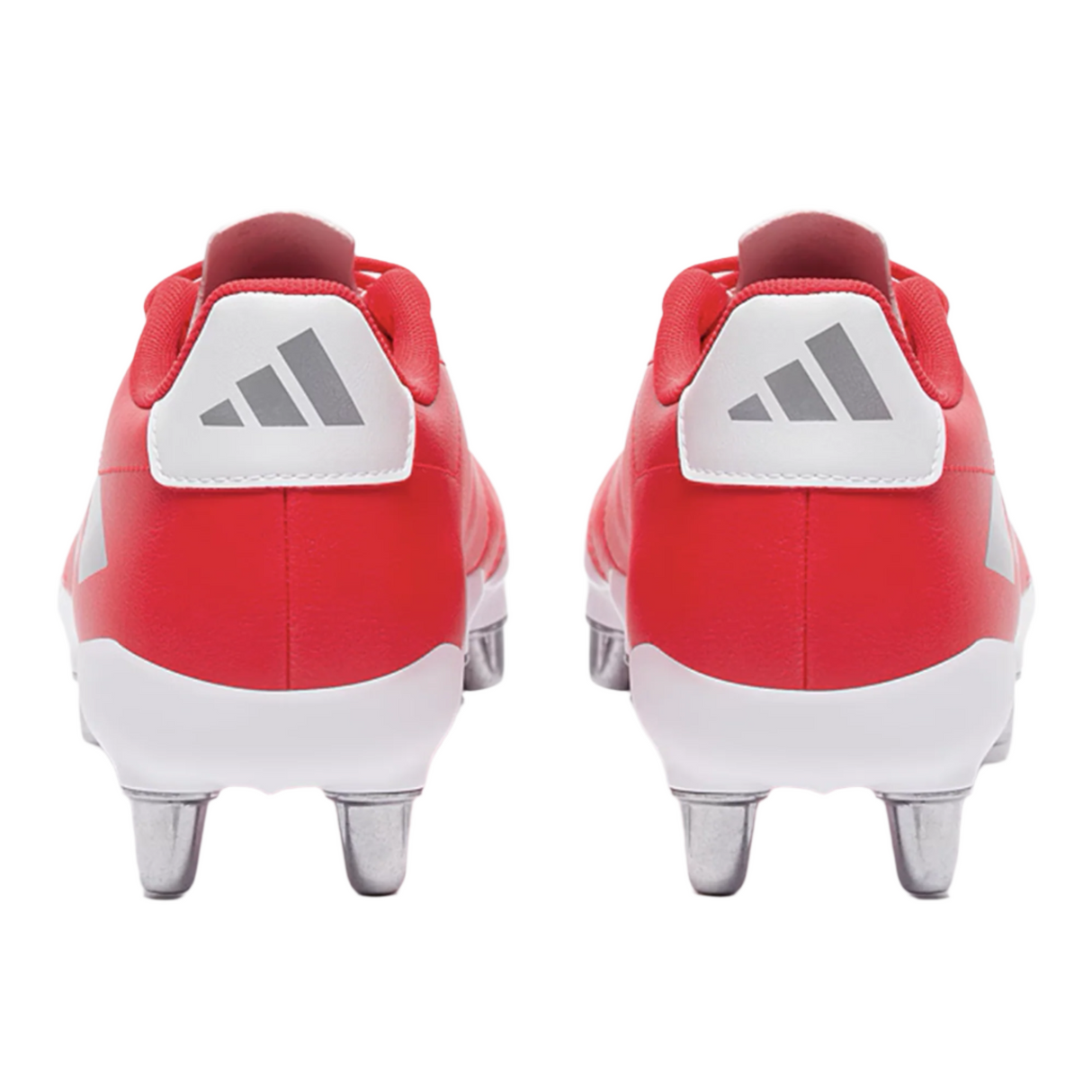 These bold red adidas Kakari SG cleats, with a silver metallic logo at the back and an eight-stud soleplate for optimal traction, embody the performance-driven spirit ideal for rugby.