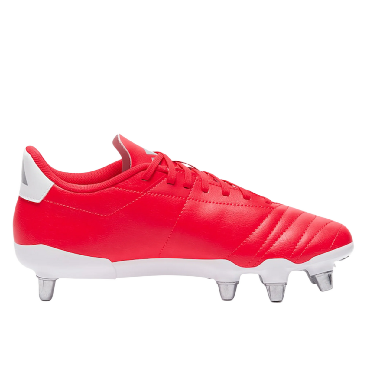 The adidas Kakari SG in Lucid Red/Silver Metallic showcases a lightweight upper with an eight-stud soleplate for optimal traction, displayed on a white background from the side.
