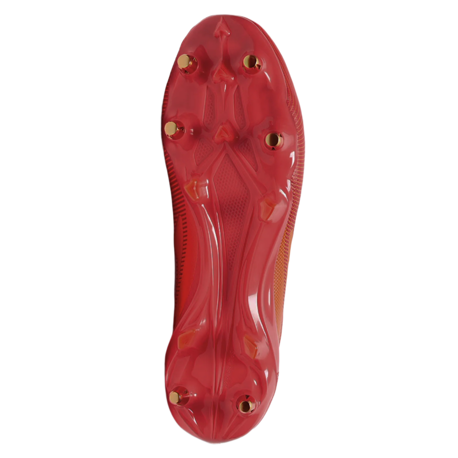 The adidas Adizero RS15 Pro SG - Lucid Red/White/Team Solar Orange rugby boots feature a sole with six metal studs and textured patterns for soft ground, shown vertically on a light gray background.