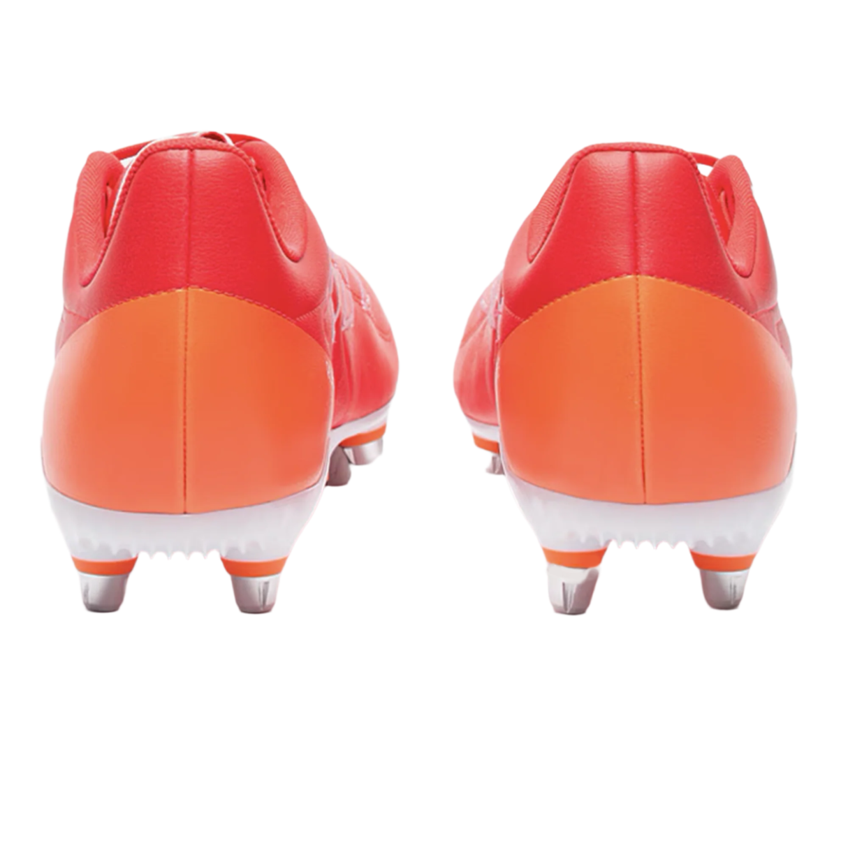 Back view of adidas RS15 Elite SG soccer cleats in Team Solar Orange, White, and Lucid Red with asymmetrical laces and conical studs on a white sole.