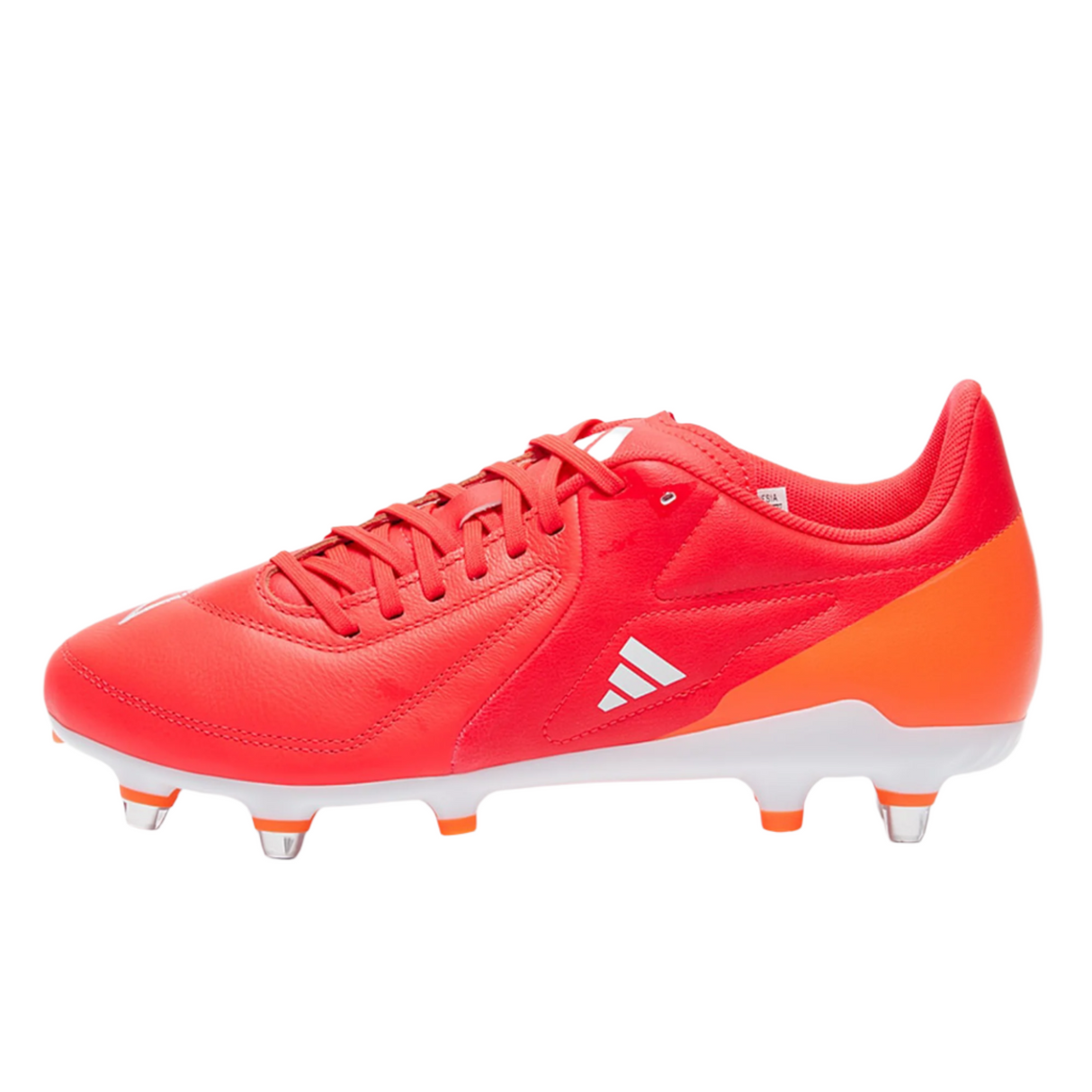 The adidas RS15 Elite SG in solar orange, white, and lucid red features a logo on the side and asymmetrical laces for a better fit.