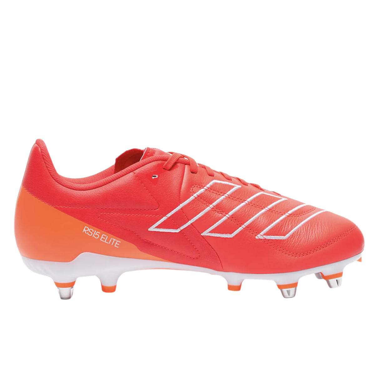 The adidas RS15 Elite SG cleat in lucid red with white stripes and team solar orange accents offers asymmetrical laces for a perfect fit; metal studs on the sole and foam cushioning provide enhanced comfort.