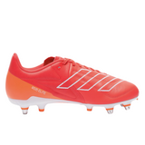 The adidas RS15 Elite SG cleat in lucid red with white stripes and team solar orange accents offers asymmetrical laces for a perfect fit; metal studs on the sole and foam cushioning provide enhanced comfort.