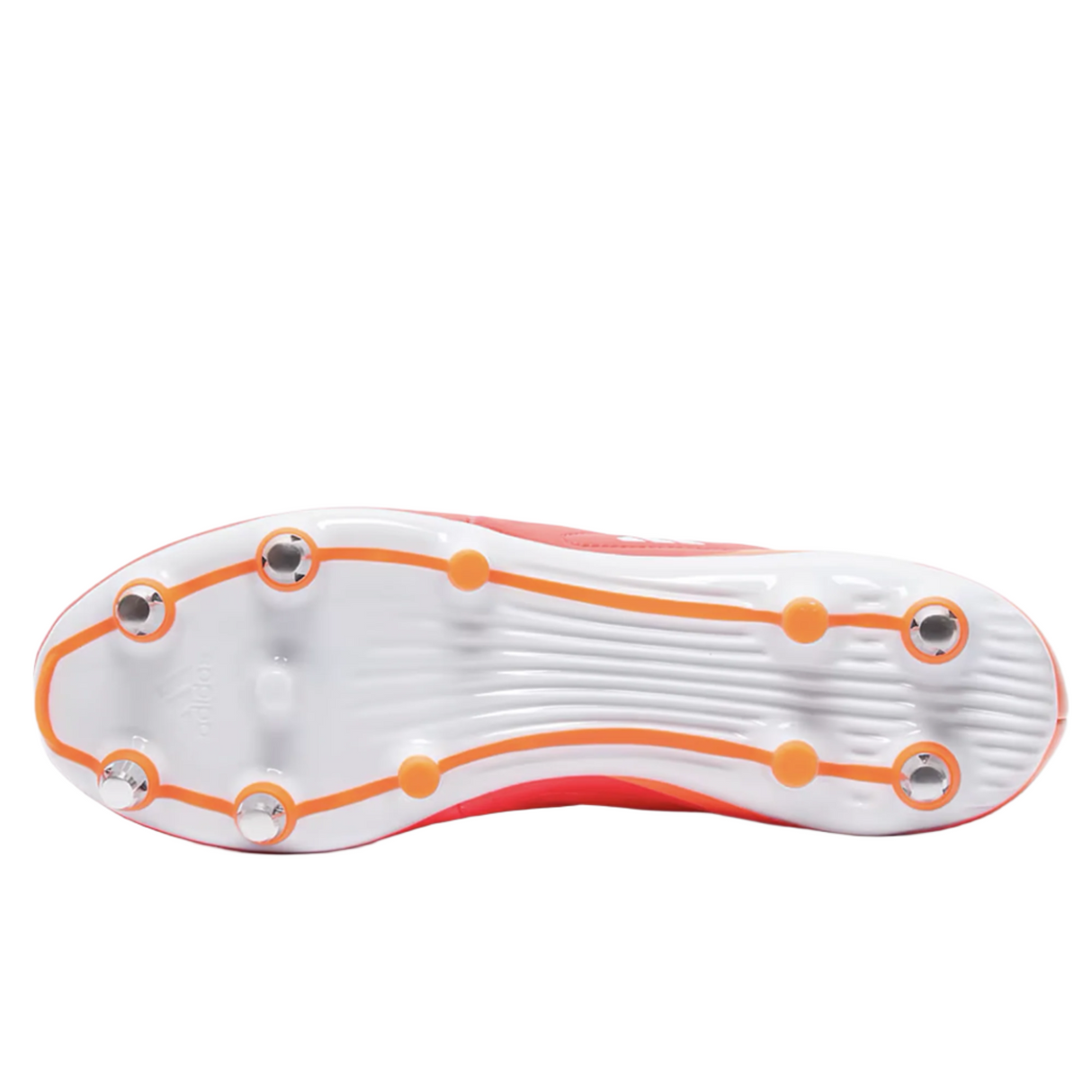 The image showcases the underside of adidas' RS15 Elite SG rugby boots, featuring metal studs with an orange trim on a white sole, enhanced with foam cushioning for optimal comfort.