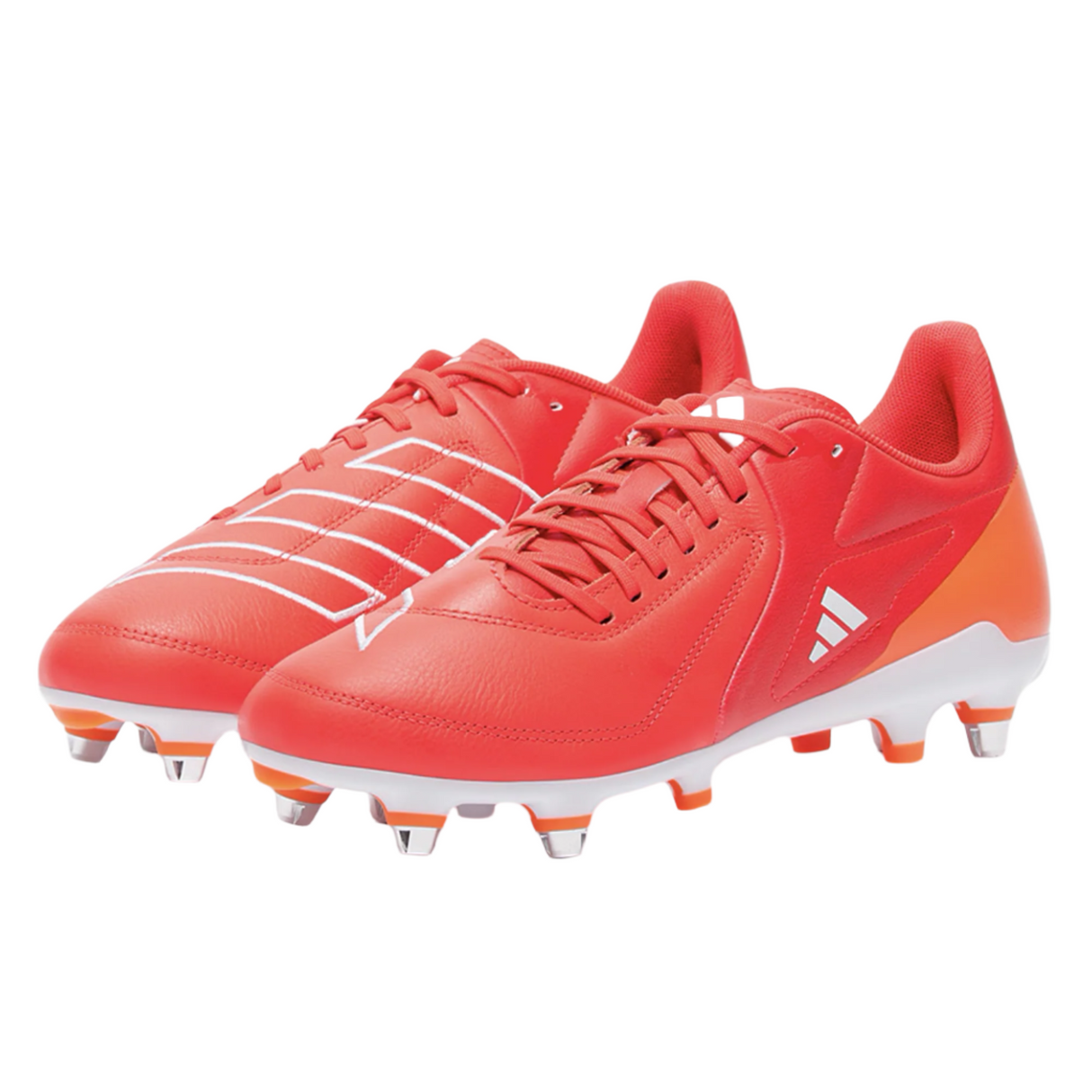 The adidas RS15 Elite SG cleats, in Team Solar Orange/White/Lucid Red, feature stitched side patterns, asymmetrical laces, and metallic studs. Designed for comfort with foam cushioning for intense matches.