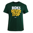The Nike Springboks "Never Stop" T-Shirt features bold white and yellow text on the front—ideal for any Springboks fan.