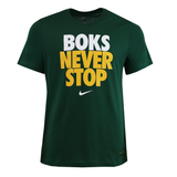 The Nike Springboks "Never Stop" T-Shirt features bold white and yellow text on the front—ideal for any Springboks fan.