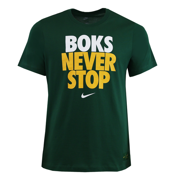 The Nike Springboks "Never Stop" T-Shirt features bold white and yellow text on the front—ideal for any Springboks fan.
