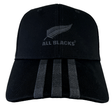 This Adidas All Blacks 3-Stripe Cap, crafted from black cotton twill, showcases the iconic All Blacks logo and a silver fern emblem on the front, complemented by three vertical gray stripes below the logo.