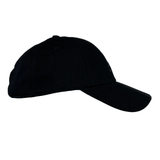 An Adidas All Blacks 3-Stripe Cap by adidas, featuring a plain black design with a curved brim and crafted from cotton twill, viewed from the side.