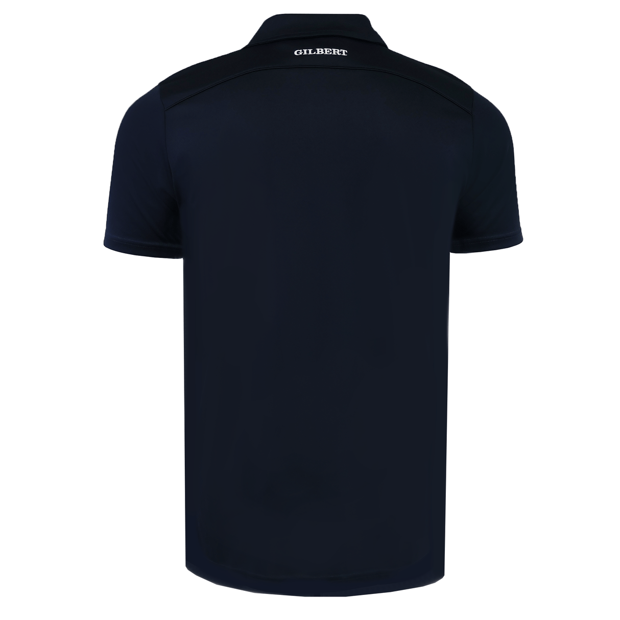 Back view of the Play Rugby USA Photon II Polo by EMB Gilbert in black, with short sleeves, a collar, and "GILBERT" printed in white at the upper back near the neckline.