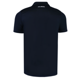 Back view of the Play Rugby USA Photon II Polo by EMB Gilbert in black, with short sleeves, a collar, and "GILBERT" printed in white at the upper back near the neckline.
