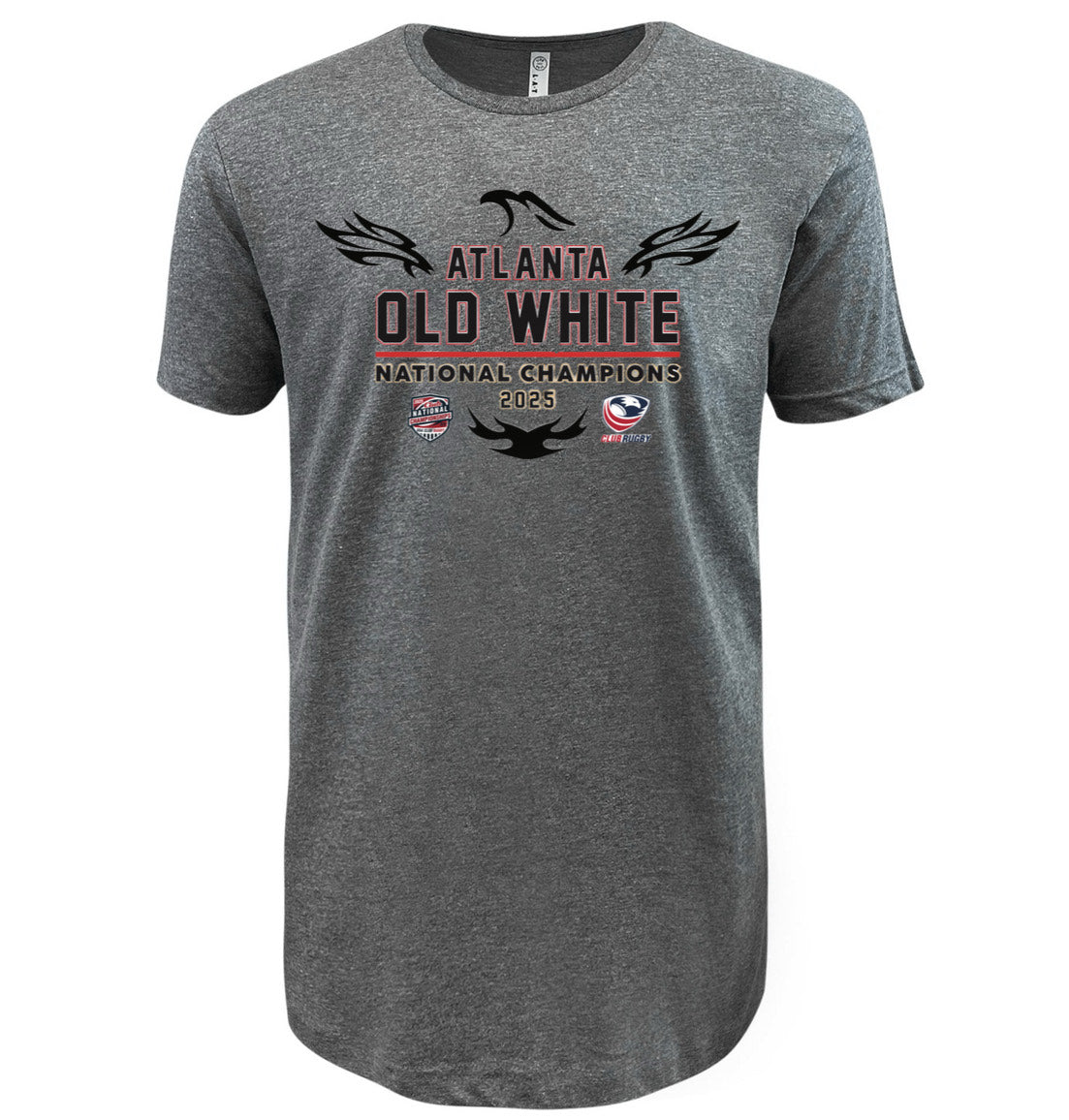 WRS LAT's gray Atlanta Old White RFC 2025 National Champions T-Shirt features "Atlanta Old White RFC National Champions 2025" text, black tribal graphics, and two small rugby logos on the chest—perfect for any fan.