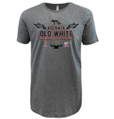 WRS LAT's gray Atlanta Old White RFC 2025 National Champions T-Shirt features "Atlanta Old White RFC National Champions 2025" text, black tribal graphics, and two small rugby logos on the chest—perfect for any fan.