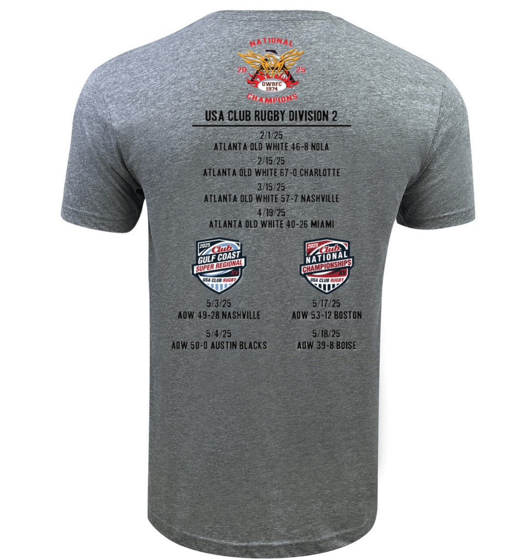 The back of the WRS LAT Atlanta Old White RFC 2025 National Champions T-Shirt is gray and features "National Club Rugby Champions," 2025 match scores, event logos, and Atlanta Old White RFC at the top.